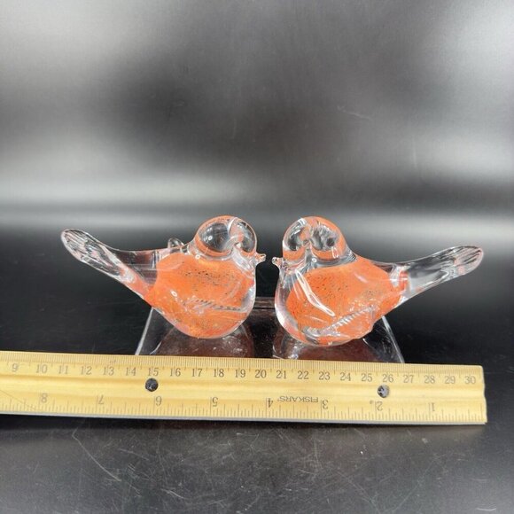 Vintage Murano ICET Hand Blown Glass Love Birds On Clear Block Sculpture Orange - Picture 4 of 14